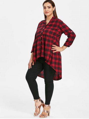 

Plus Size Tartan High Low Button Up Shirt, Red wine