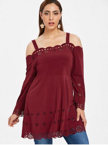 

Plus Size Laser Cut Cold Shoulder T-shirt, Red wine