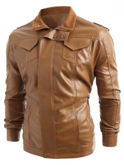 Solid Color Shoulder Belt Embellished Zip Fly PU Jacket - BROWN - XS