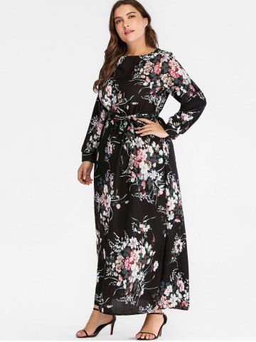 

Plus Size Floral Long Dress with Belt, Black