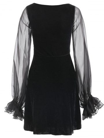 

Puff Sleeve Criss-cross Velvet Dress, Black