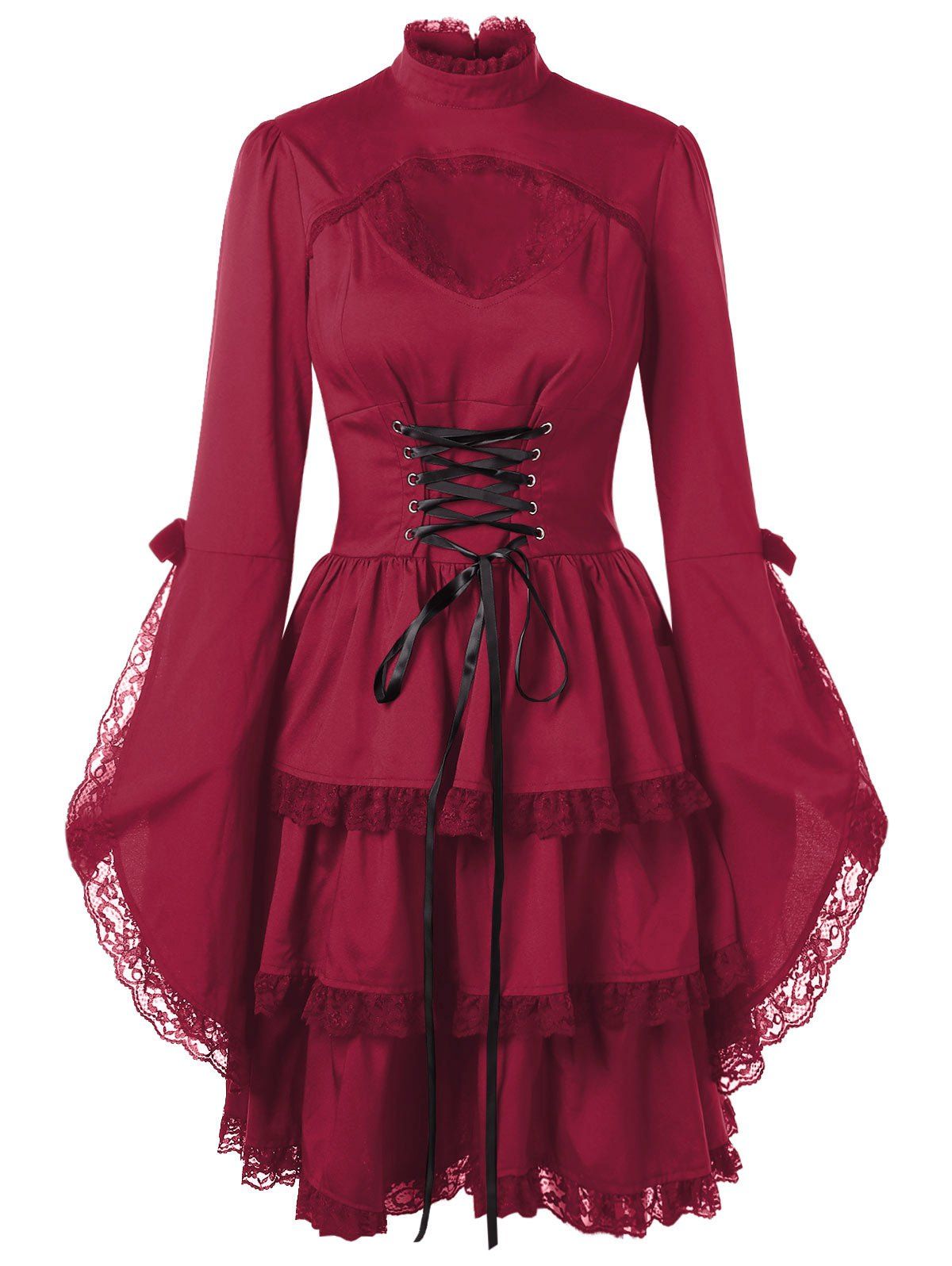 

Flare Sleeve Cut Out Lace Trim Dress, Red