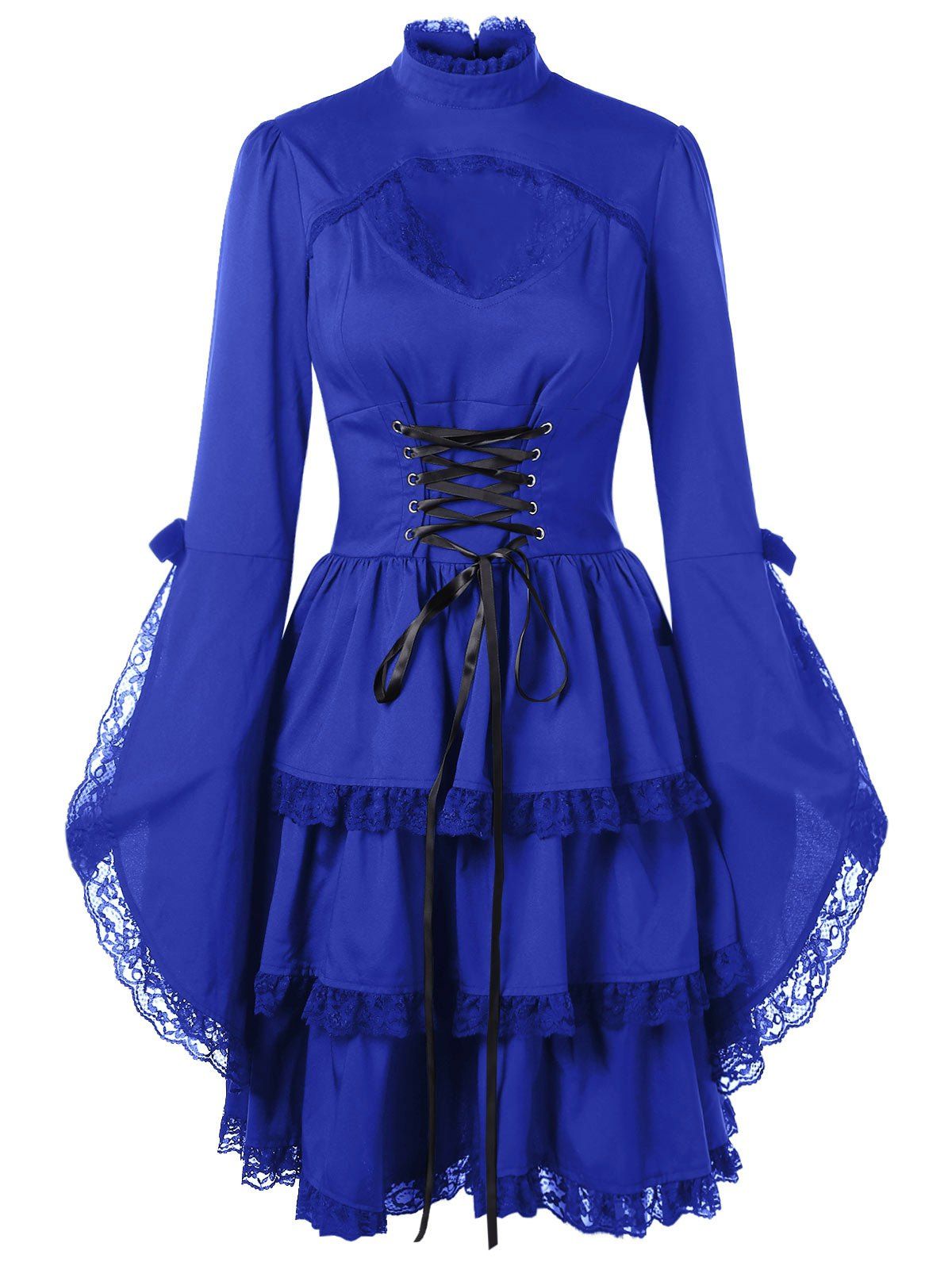 

Flare Sleeve Cut Out Lace Trim Dress, Blue