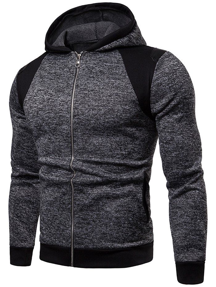 

Fleece Lined Zip Up Patch Raglan Sleeves Hoodie, Dark gray