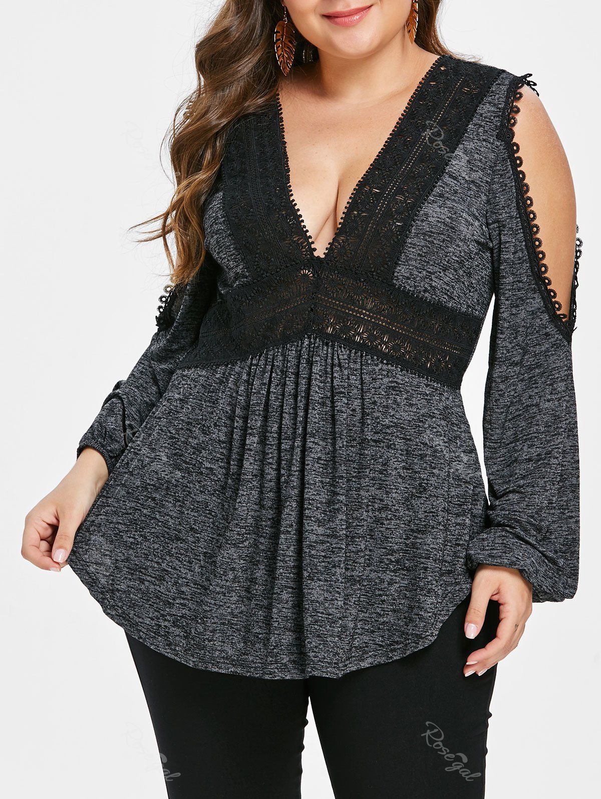 

Plus Size Plunge Cold Shoulder Marled T-shirt, Gray