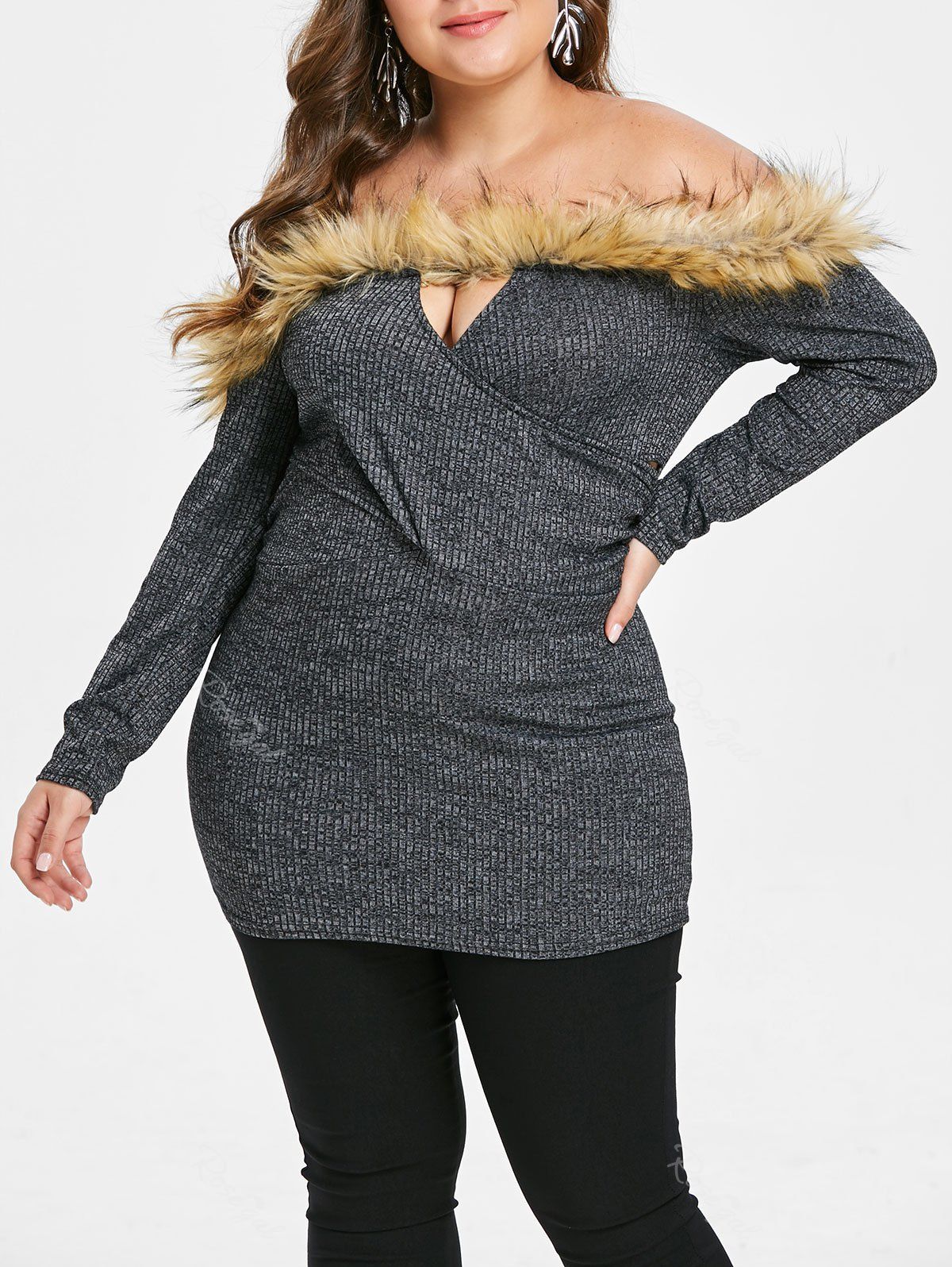 

Plus Size Faux Fur Panel Off Shoulder Knitwear, Gray