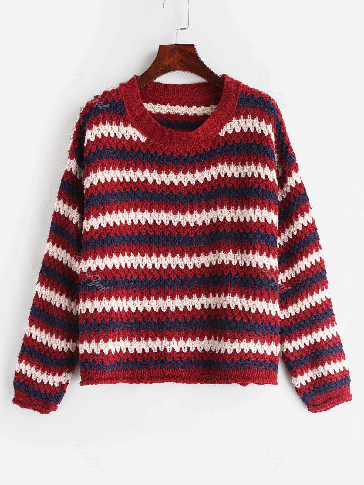 

Plus Size Striped Drop Shoulder Pullover Sweater, Red wine