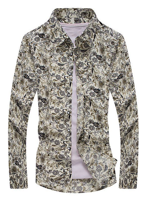 

Long Sleeves Slim Fit Ethnic Paisley Print Shirt, Beige