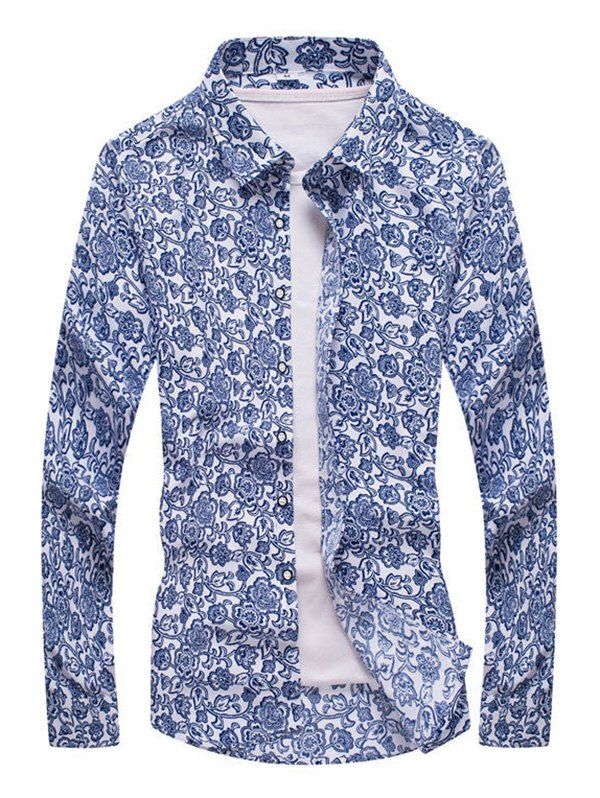 

Long Sleeves Ethnic Print Shirt, Blue