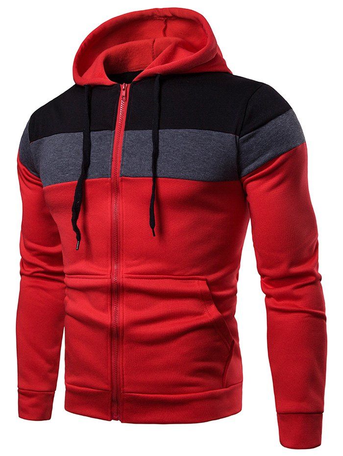 

Fleece Lined Zip Up Color Block Pocket Hoodie, Red