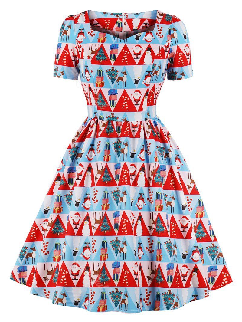 

Christmas Print Sweetheart Neck Plus Size A Line Dress, Multi