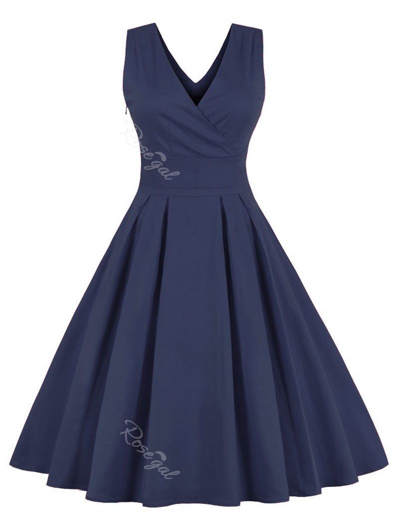 

Surplice Neck Plus Size Belted Vintage Dress, Midnight blue