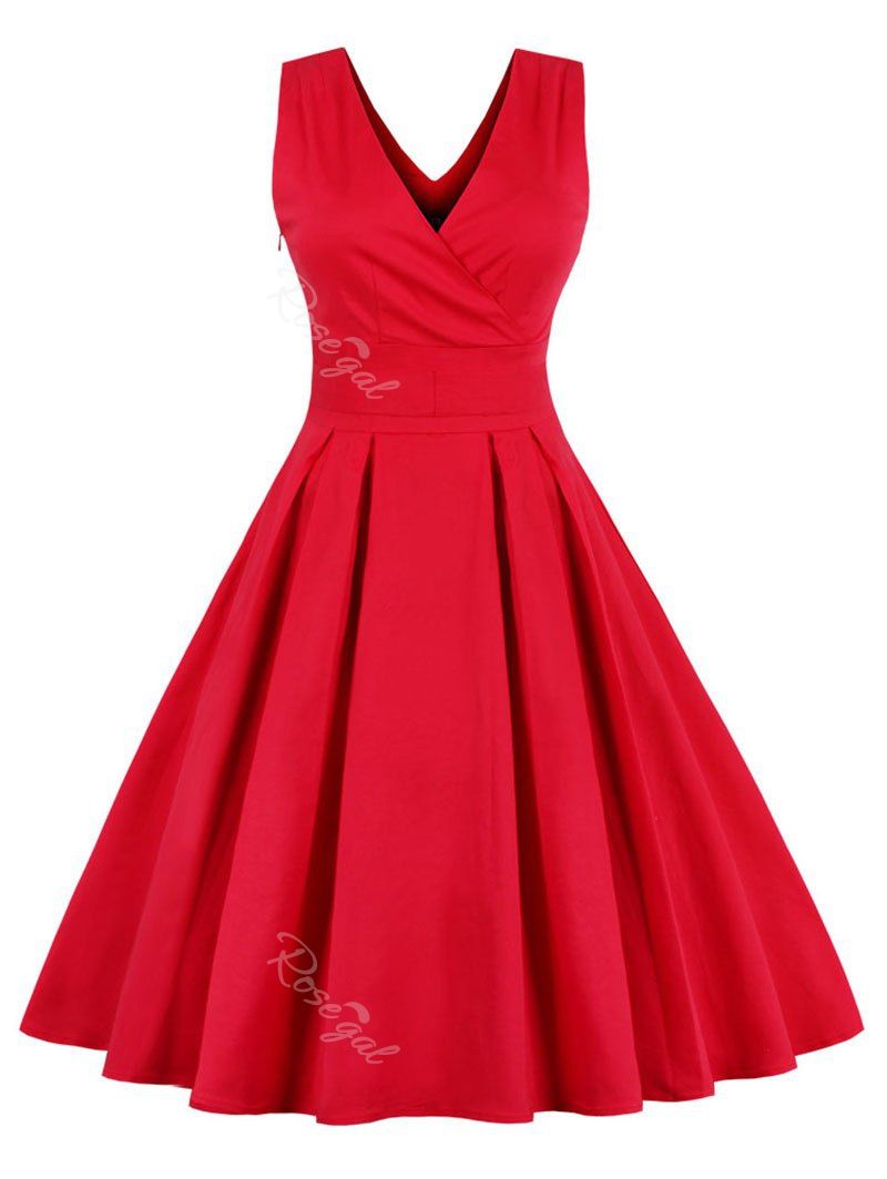 

Surplice Neck Plus Size Belted Vintage Dress, Red