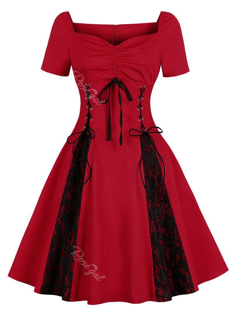 

Lace Panel Plus Size Sweetheart Neck Vintage Dress, Red