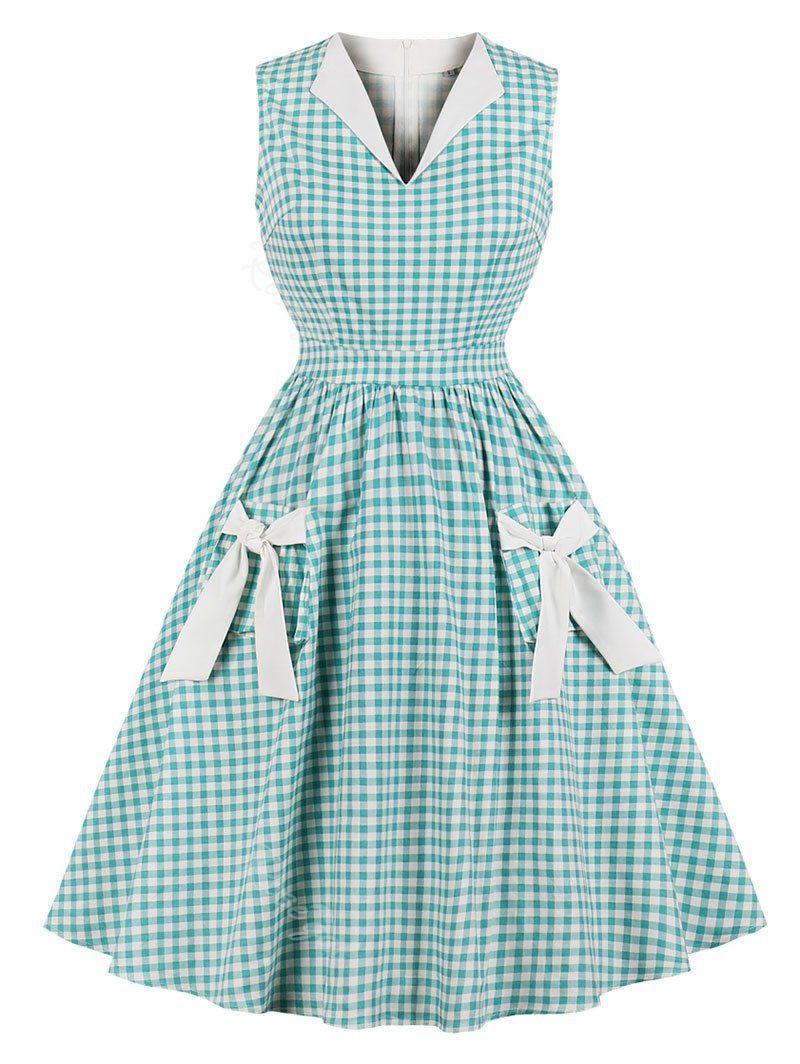 

Bowknot Embellished Plus Size Gingham Vintage Dress, Macaw blue green