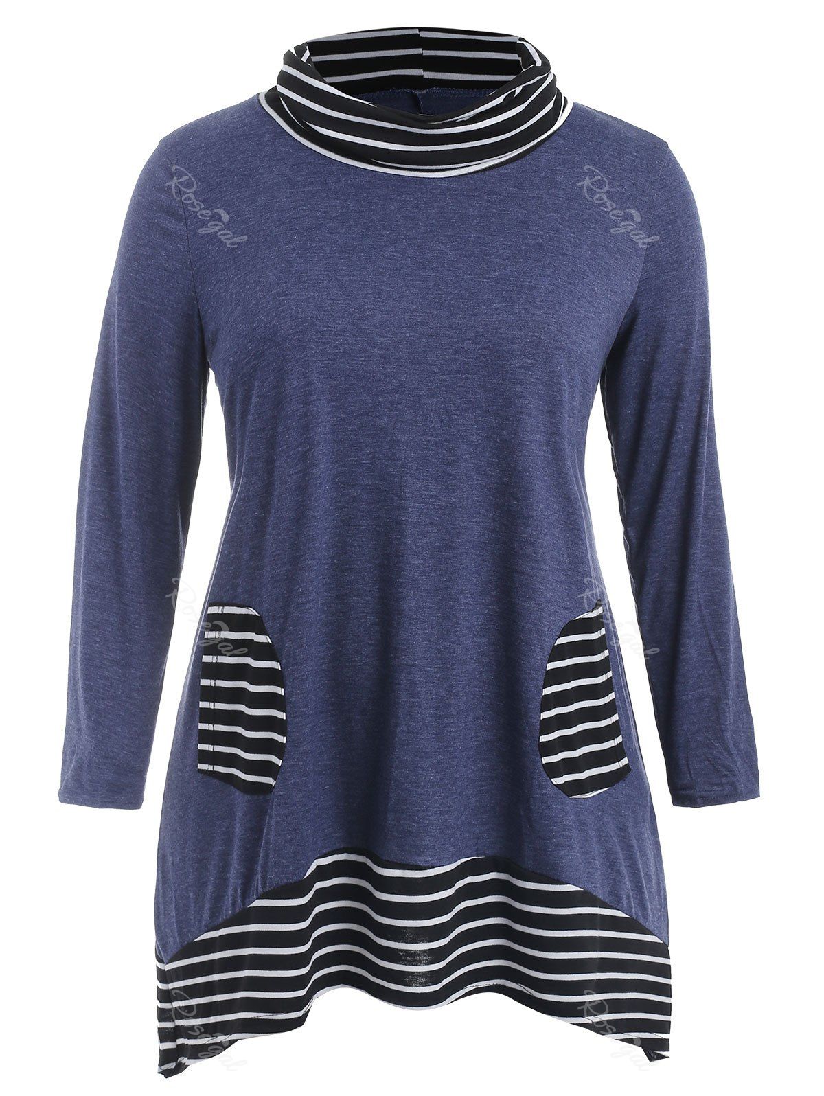 

Plus Size Long Sleeves Asymmetric Striped Tunic Top, Blue
