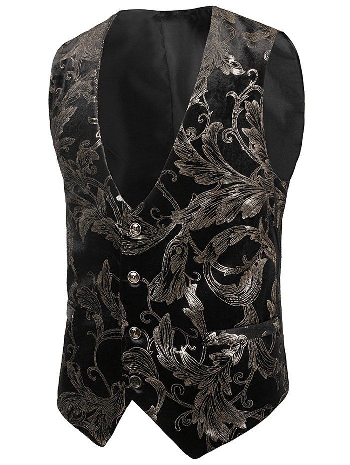 

Hot Stamping Plant Print Slim Fit Shiny Waistcoat, Silver