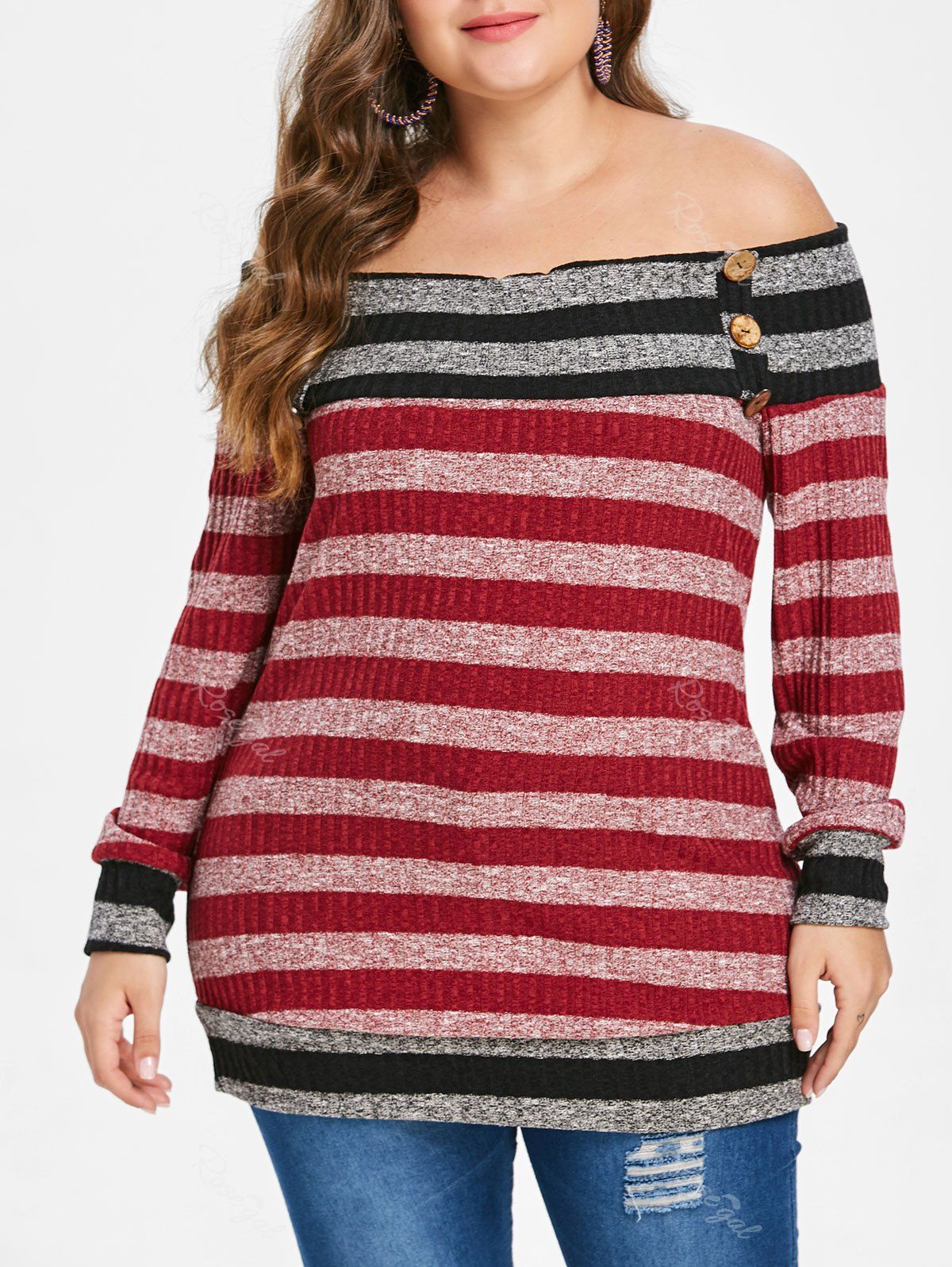 

Ribbed Off The Shoulder Striped Plus Size Top, Multi