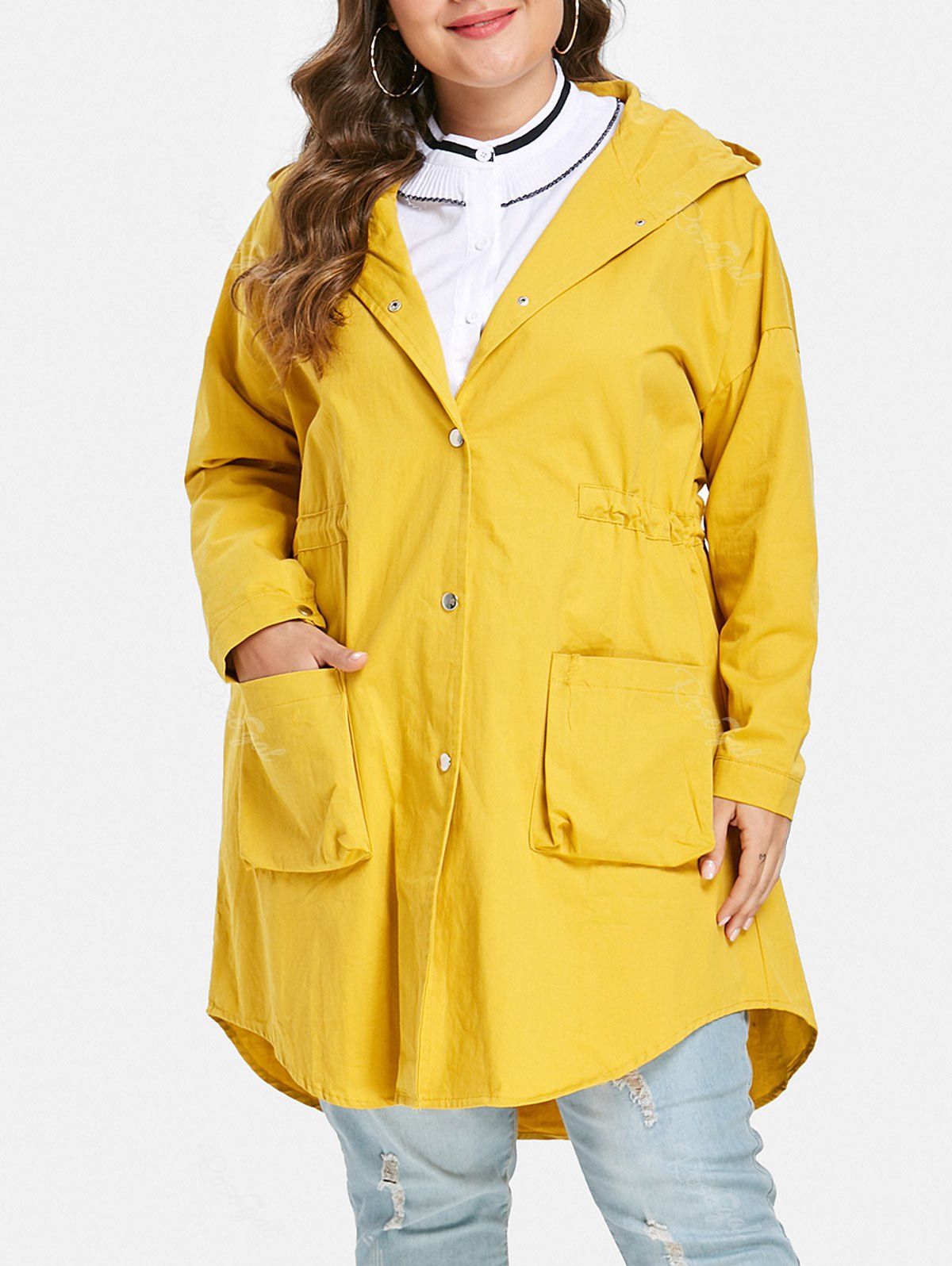 

Plus Size Drawstring Waist Front Pockets Coat, Yellow