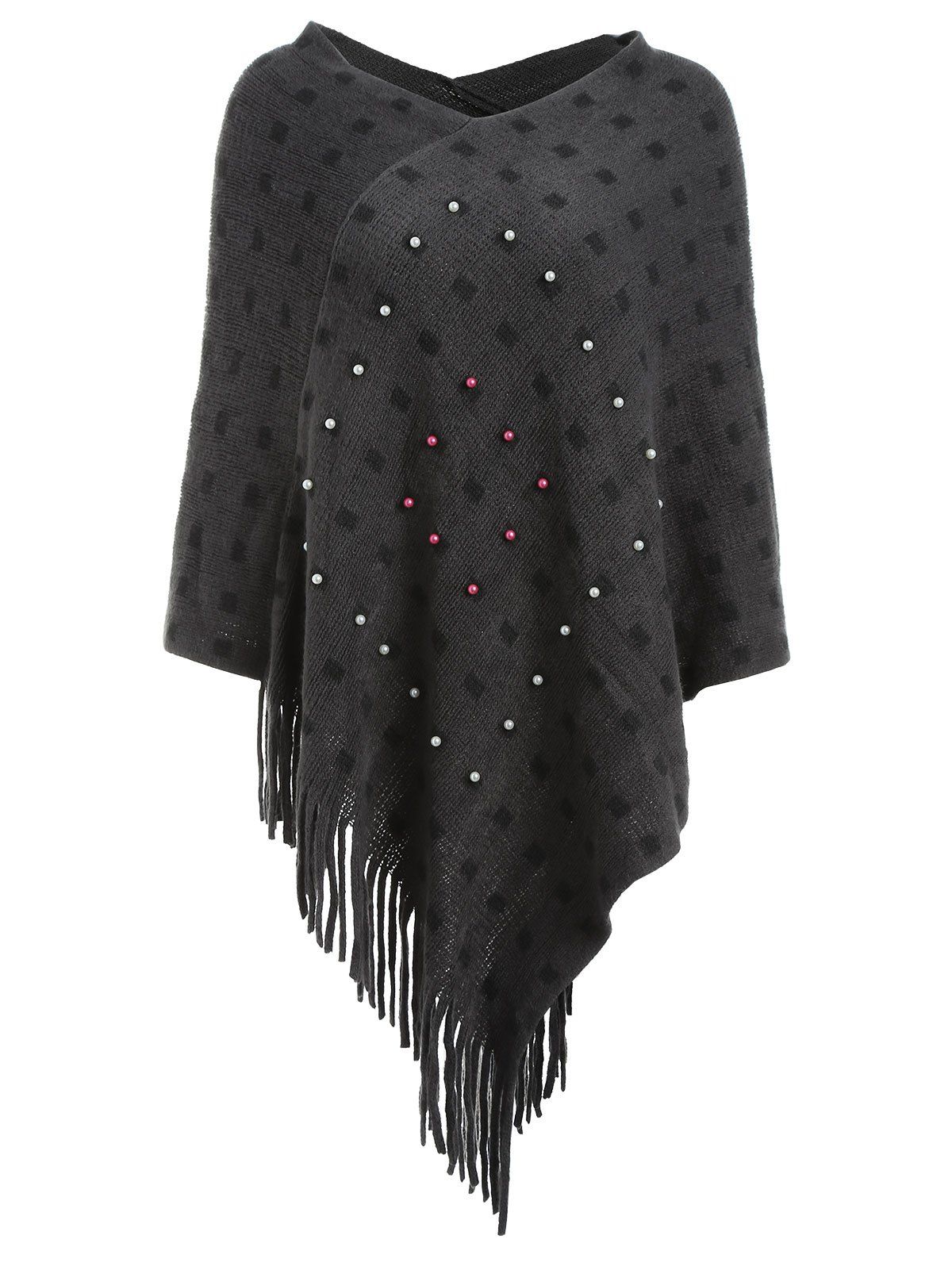 

Faux Pearl Fringed Cape Sweater, Dark gray