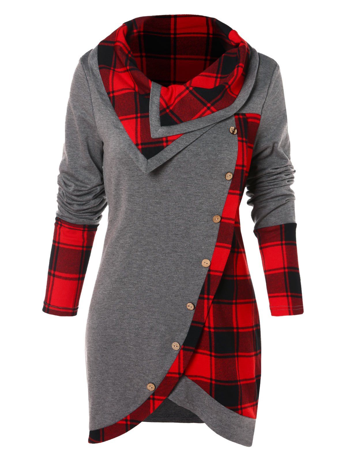Online Tartan Panel Long Sleeve Asymmetrical T-shirt  