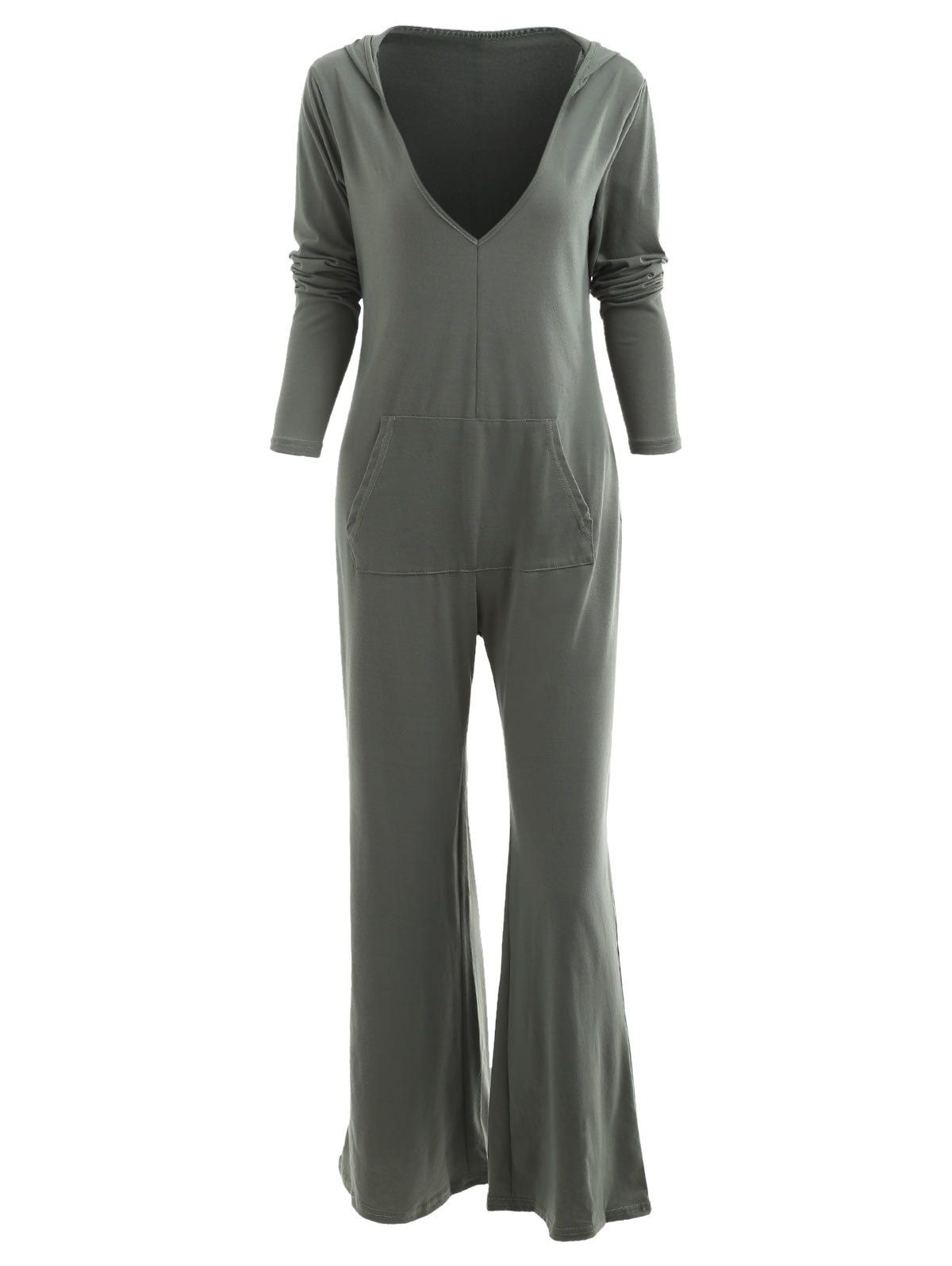 

Hooded Low Cut Wide Leg Jumpsuit, Army green