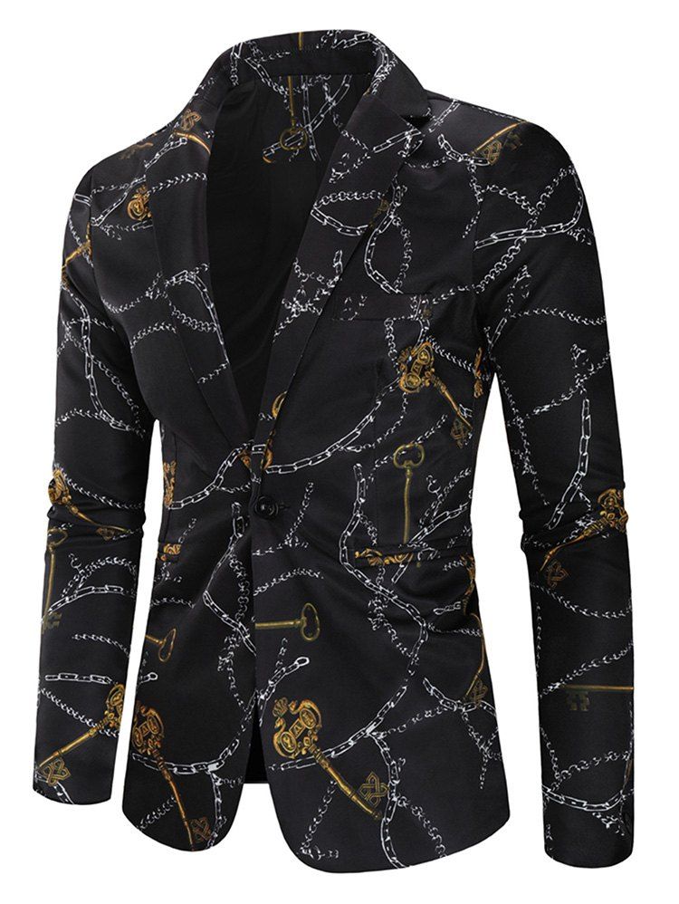 

Crown Key One Button Lapel Collar Blazer, Black