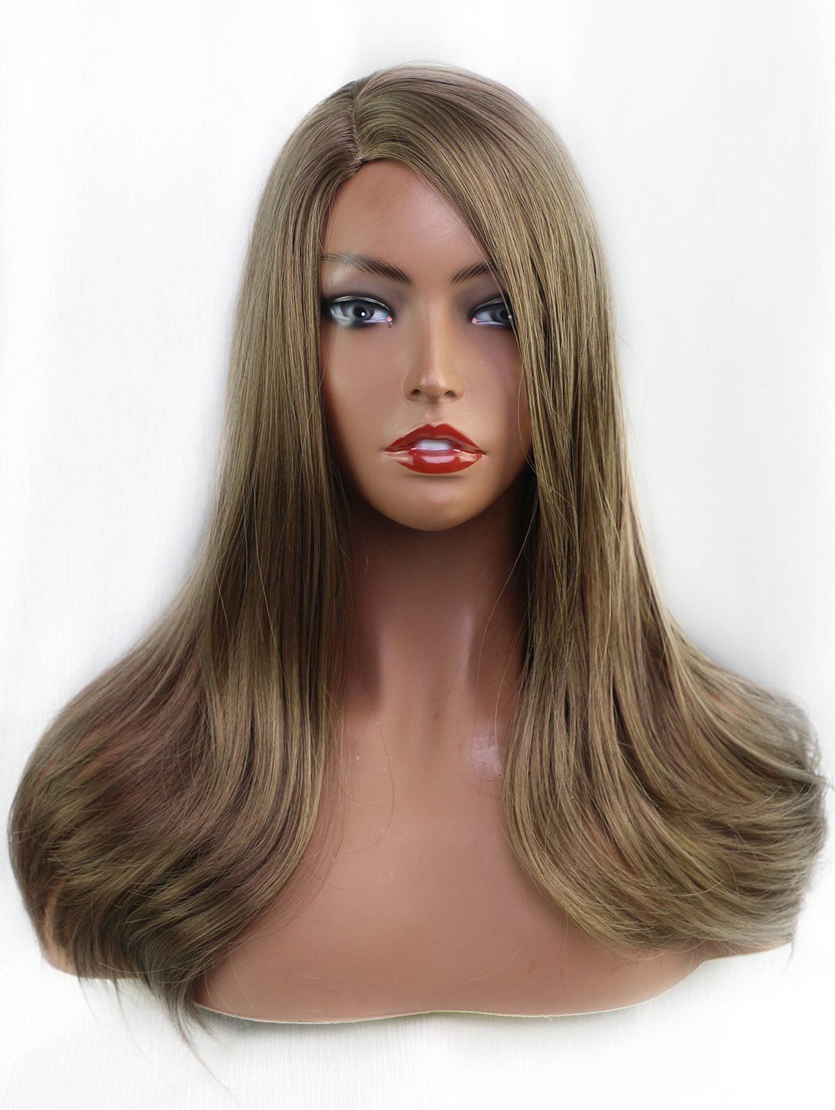 

Oblique Bang Long Straight Capless Synthetic Wig, Dark khaki