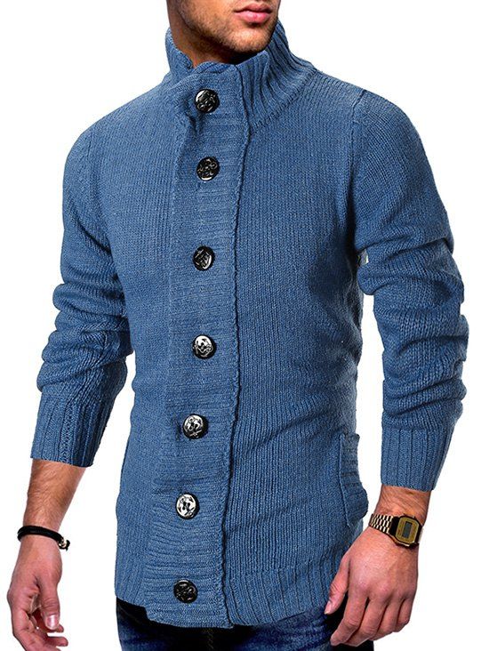 

Stand Collar Button Fly Knitted Cardigan, Silk blue