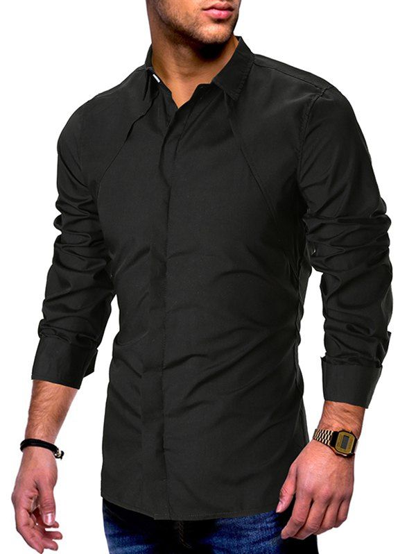 

Hidden Button Solid Business Shirt, Black