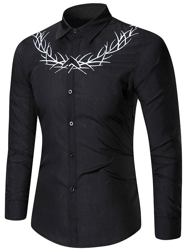 Embroidery Branch Long Sleeve Shirt, Black