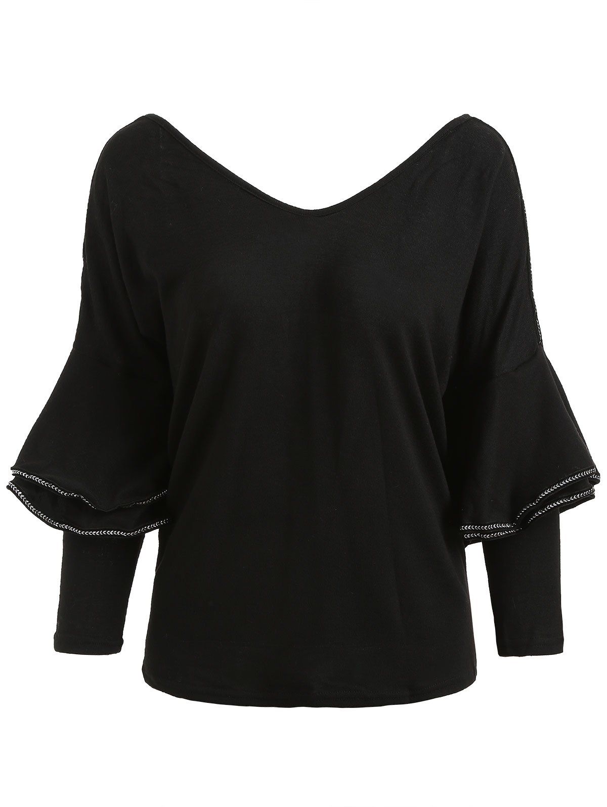 

V Neck Flare Sleeve Faux Twinset Tee, Black