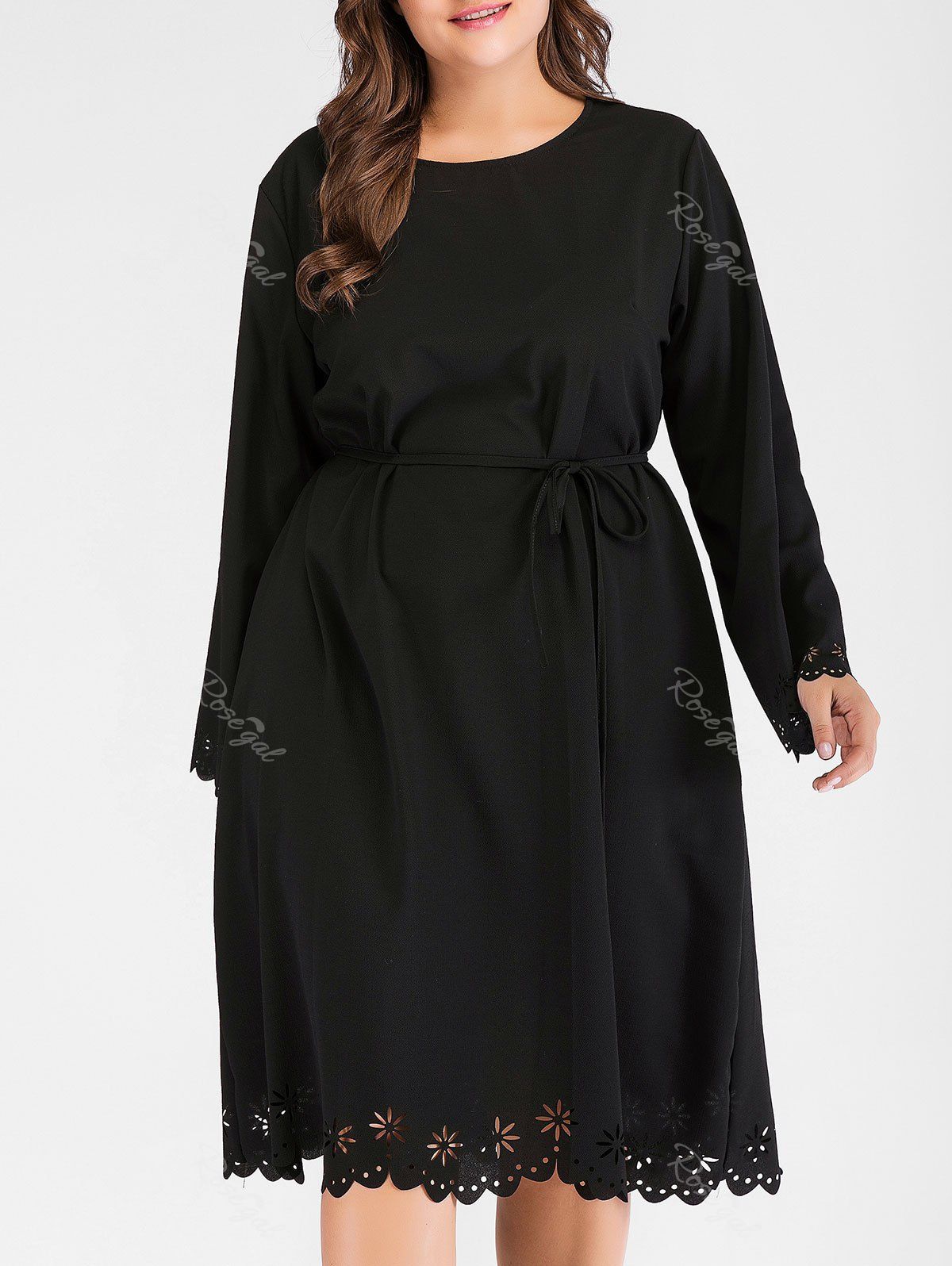 

Plus Size Long Sleeves Openwork Belt Dress, Black