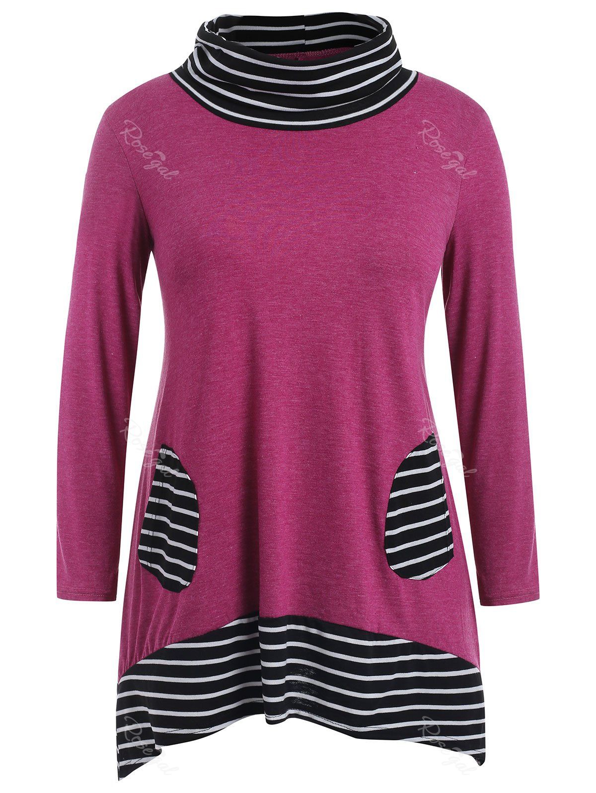 

Plus Size Long Sleeves Asymmetric Striped Tunic Top, Red