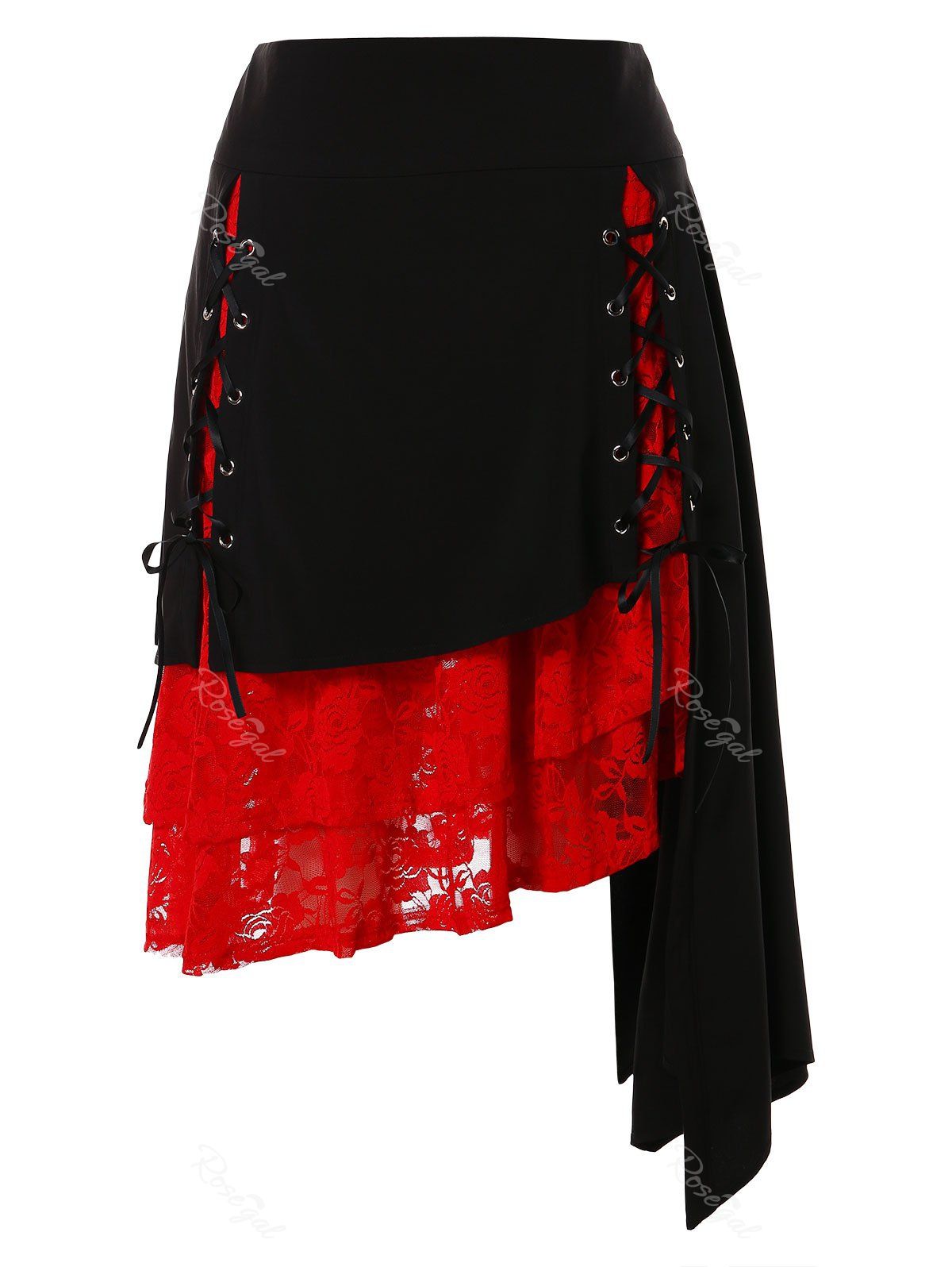 Plus Size Lace Up Layered Asymmetric Skirt, Black