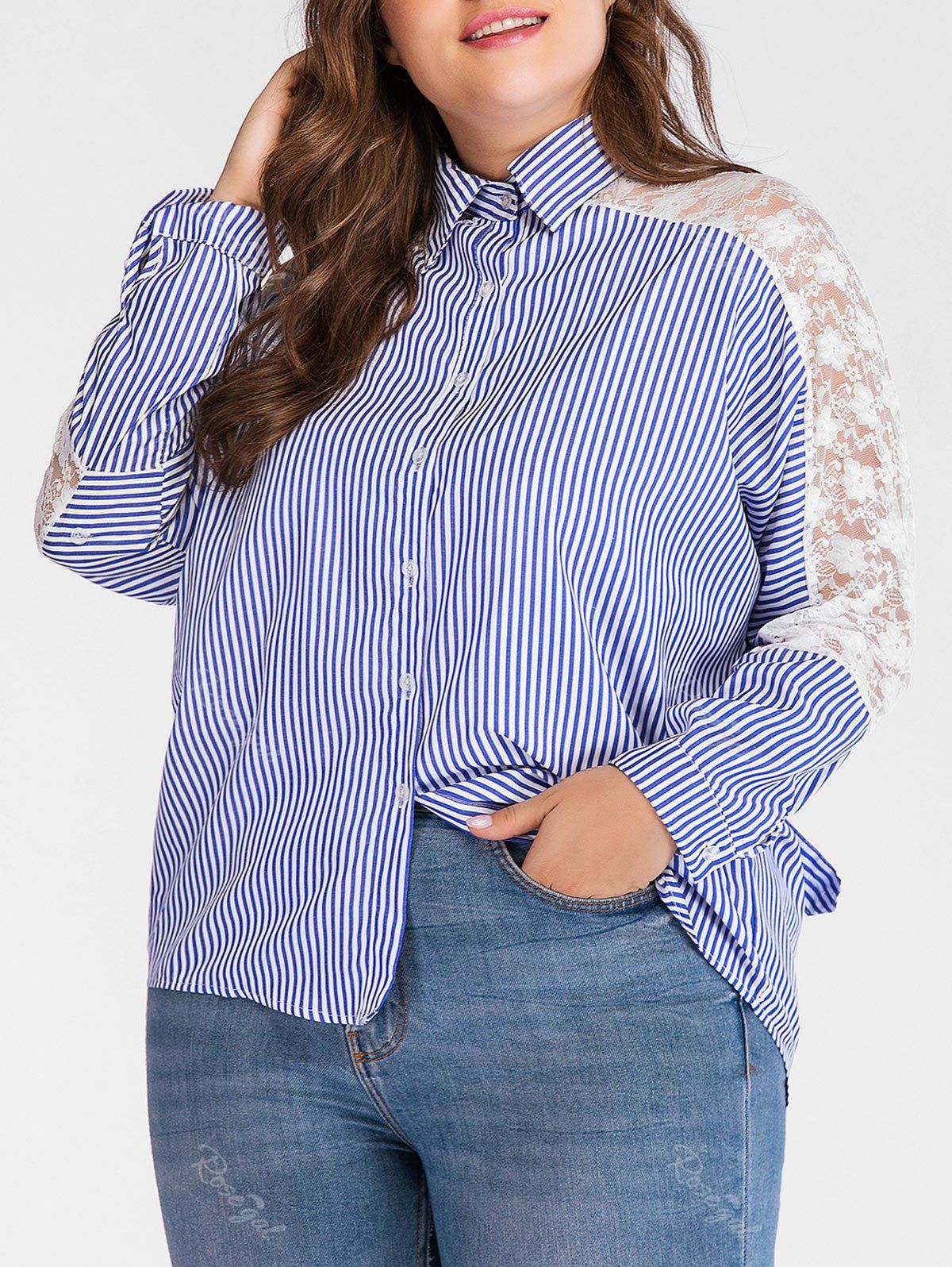 

Plus Size High Low Lace Panel Striped Shirt, Blue