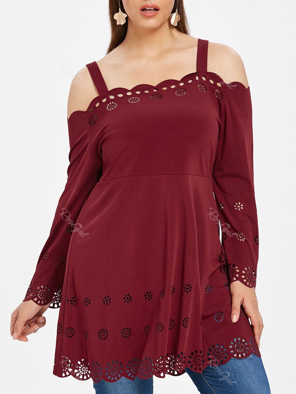 

Plus Size Laser Cut Cold Shoulder T-shirt, Red wine