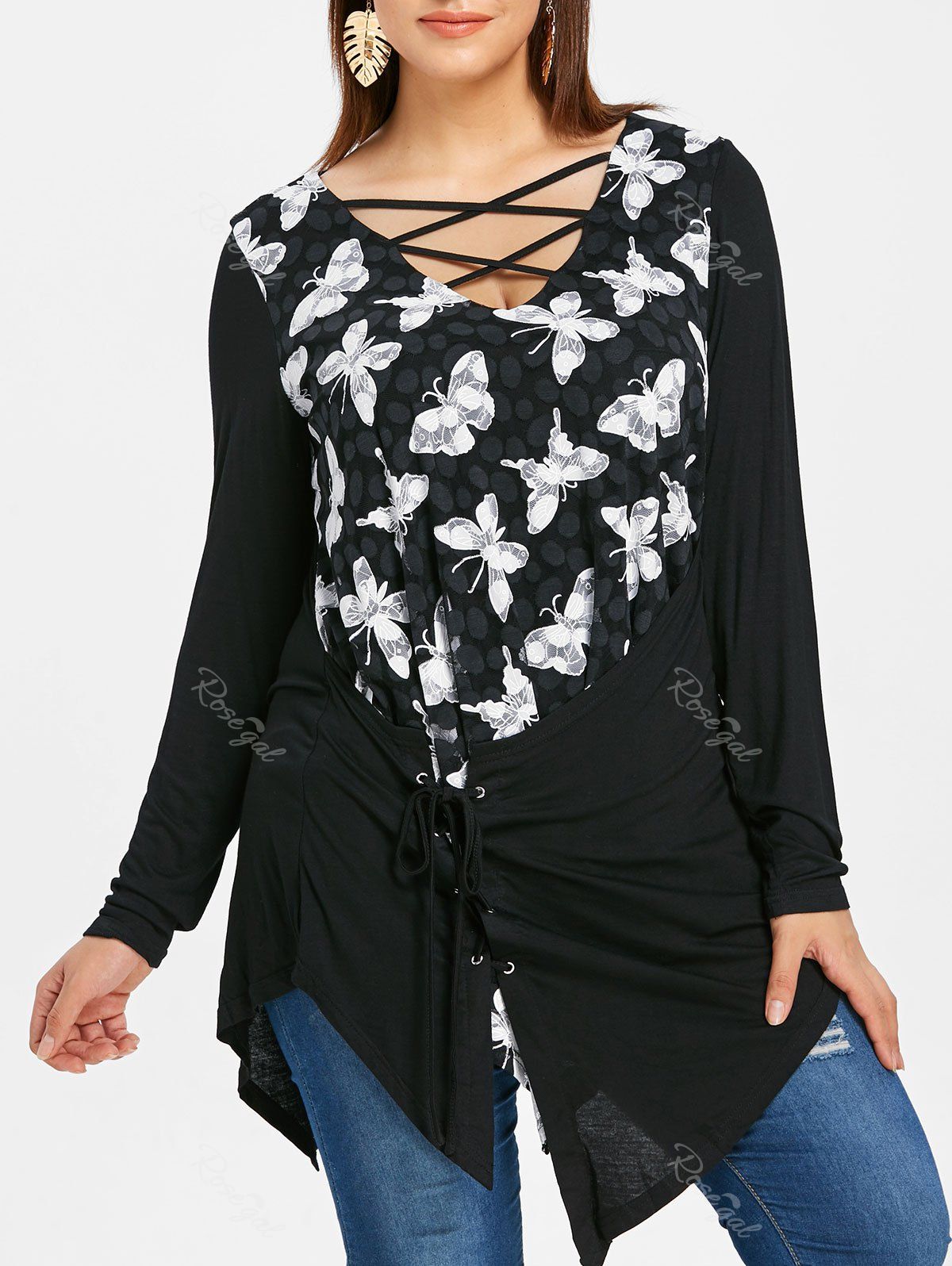 

Plus Size Butterflies Lace Insert Lace Up T-shirt, Black