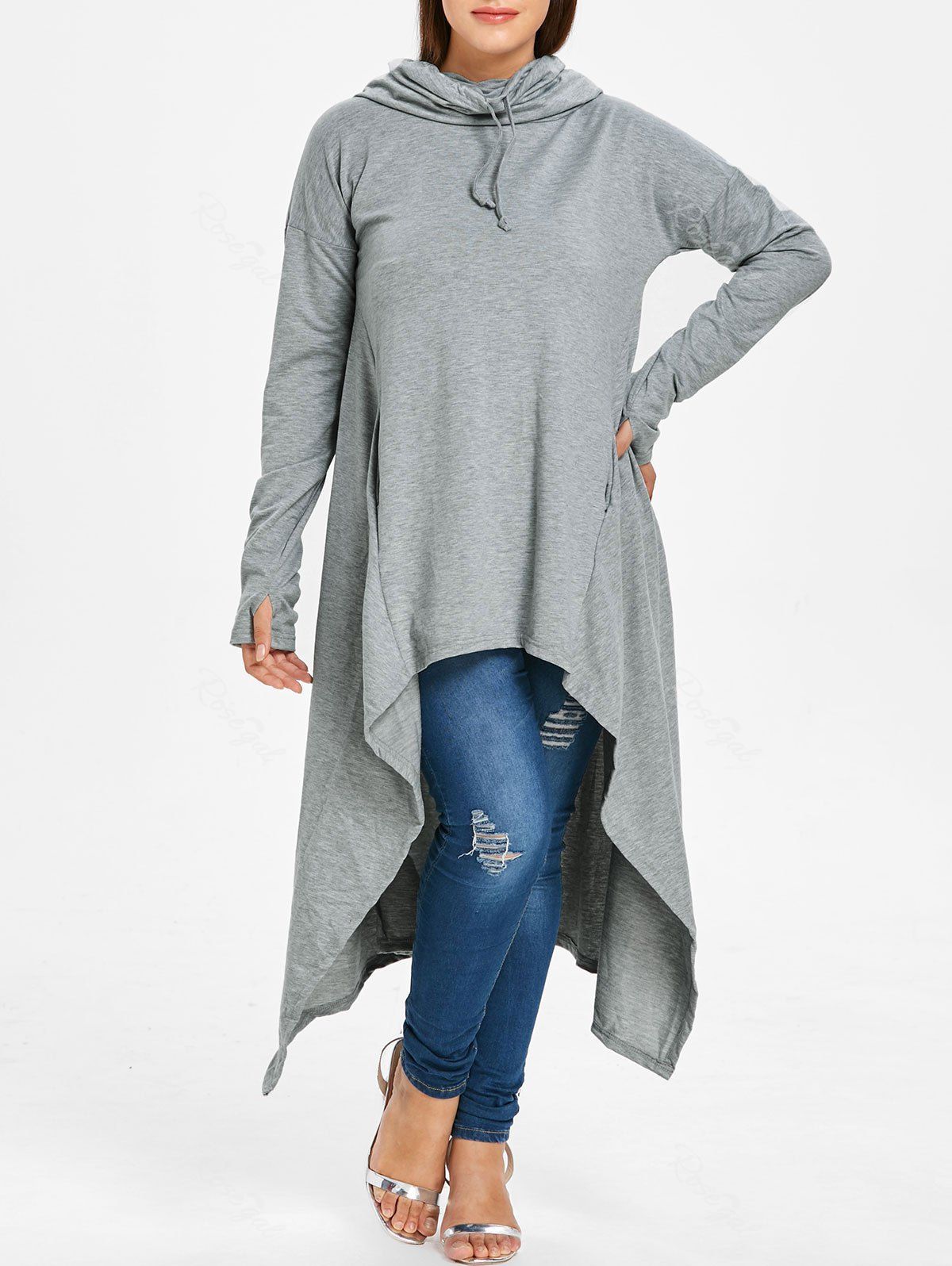 [27% OFF] Drawstring Asymmetric Longline Hoodie | Rosegal