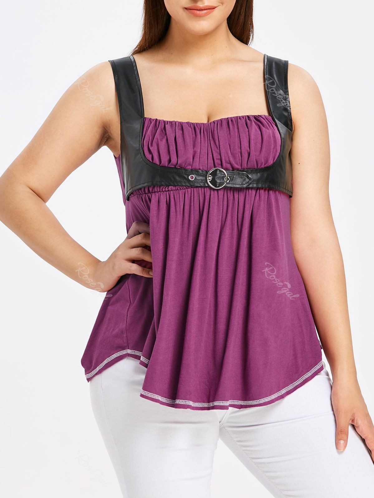 

Plus Size PU Leather Trim Gothic Tank Top, Plum velvet