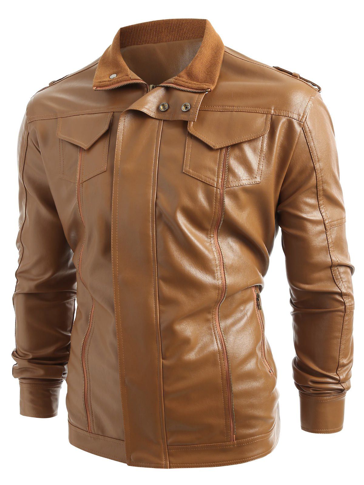 

Solid Color Shoulder Belt Embellished Zip Fly PU Jacket, Brown