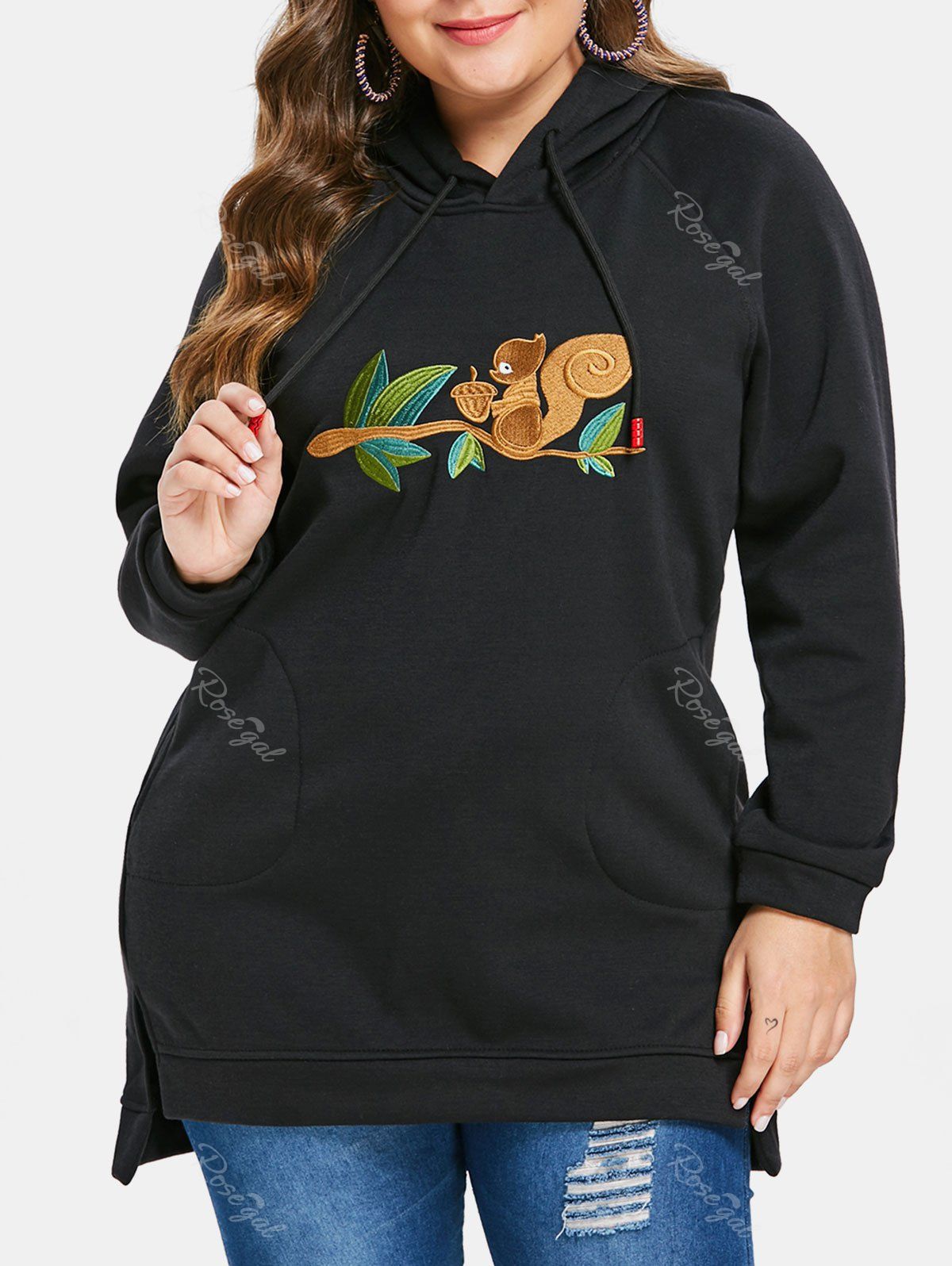 

Drawstring Plus Size Front Embroidery Hoodie, Black