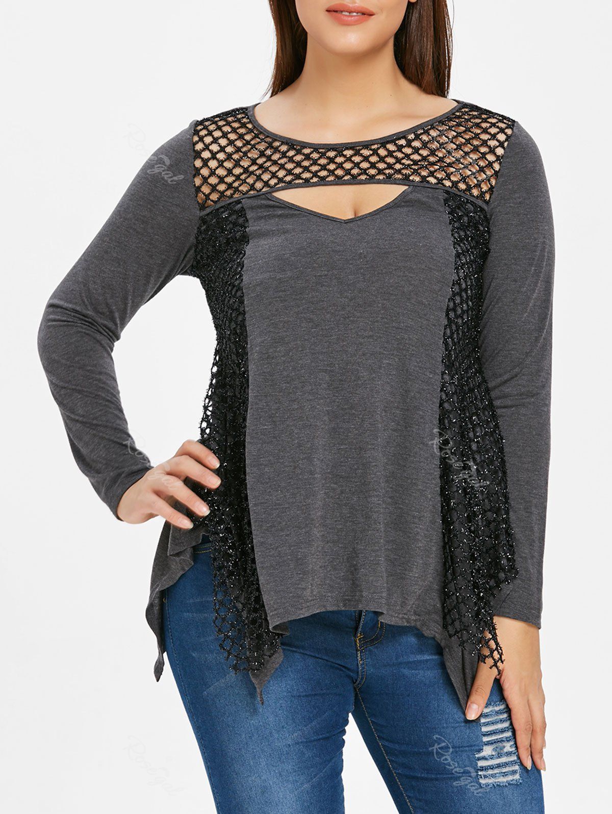 

Plus Size Fishnet Asymmetrical T-shirt, Dark gray