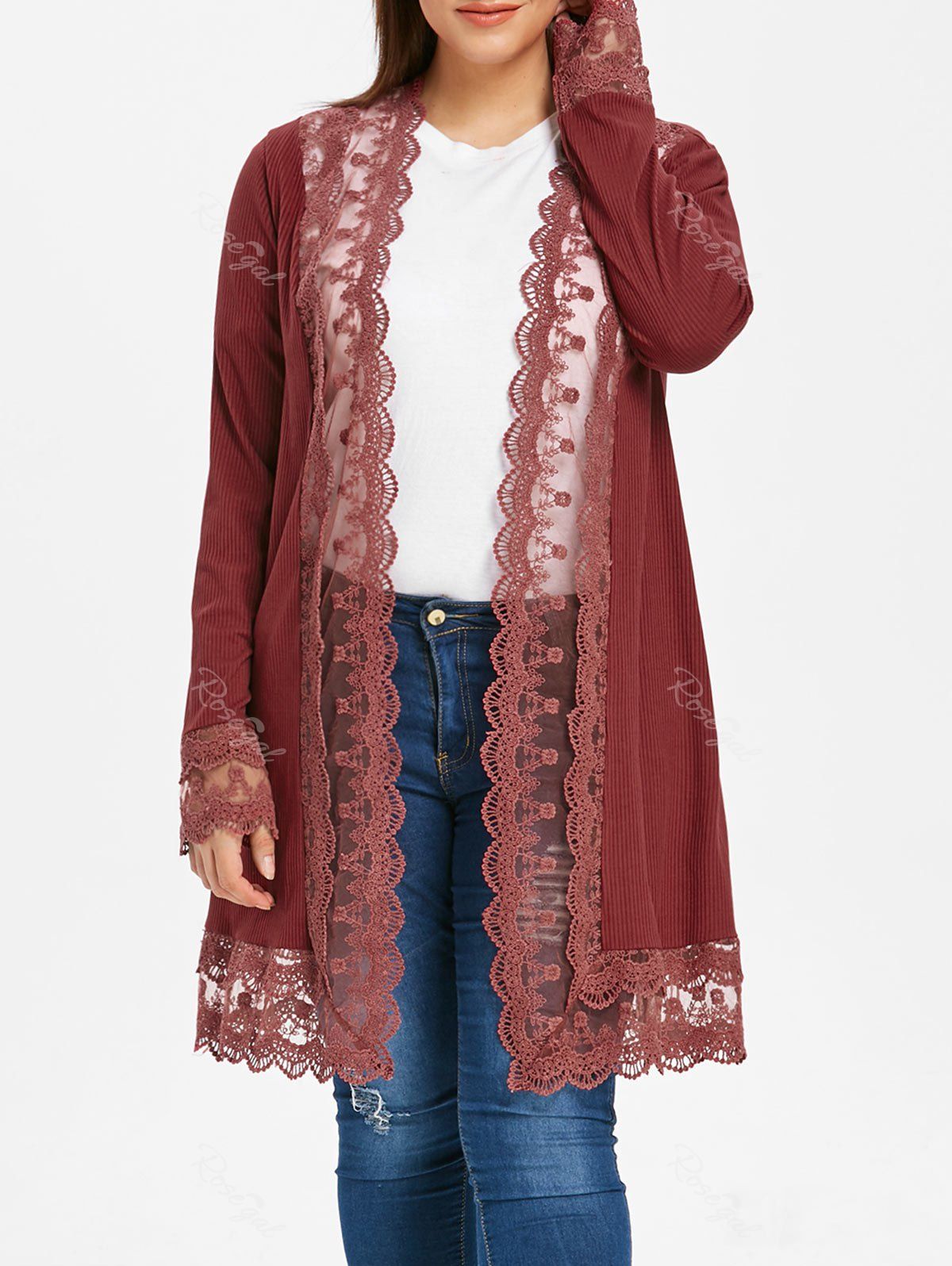 

Lace Trim Plus Size Ribbed Cardigan, Red wine