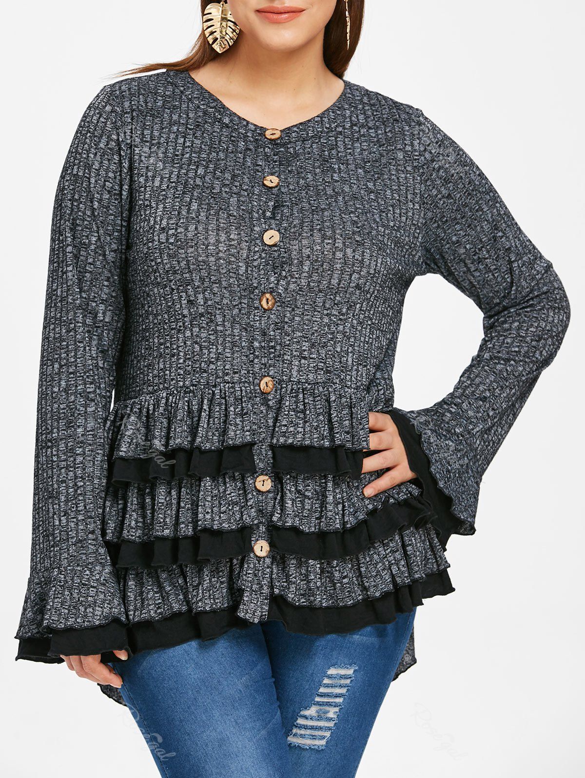 

Space Dye Ruffles Plus Size Cardigan, Gray