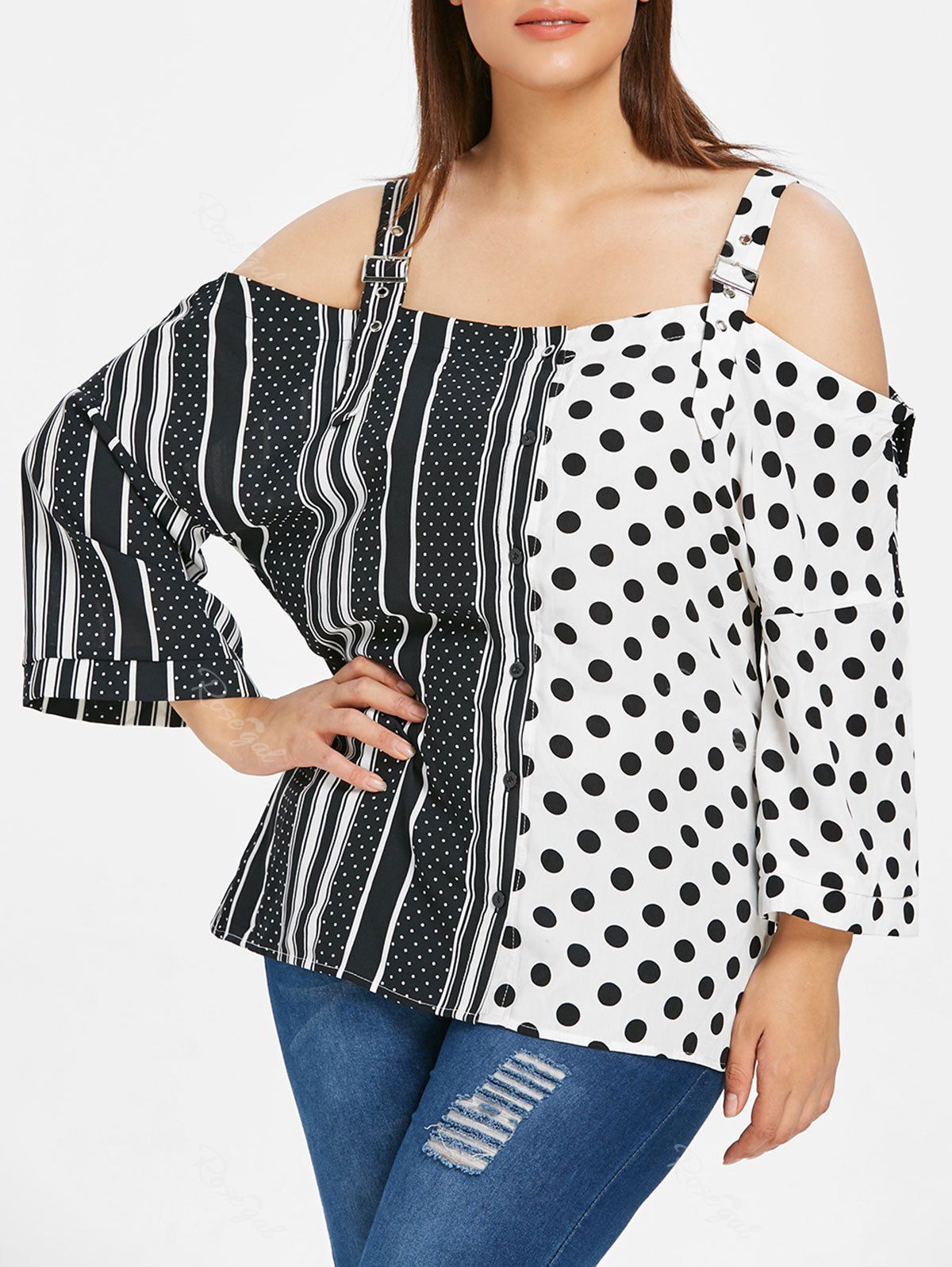 

Polka Dot and Striped Panel Plus Size Blouse, White