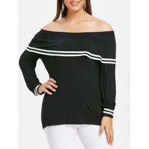 

Plus Size Striped Trim Off Shoulder T-shirt, Black