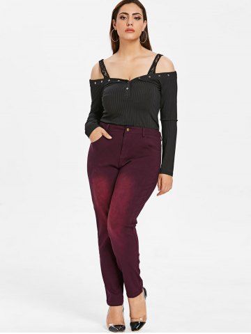 

Plus Size Colored Zipper Jeans, Red wine