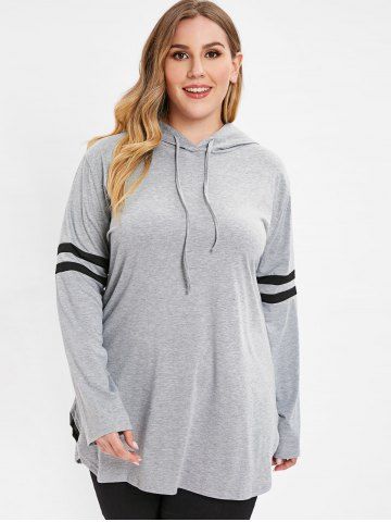 

Drawstring Plus Size Striped Panel Sleeve Hoodie, Gray