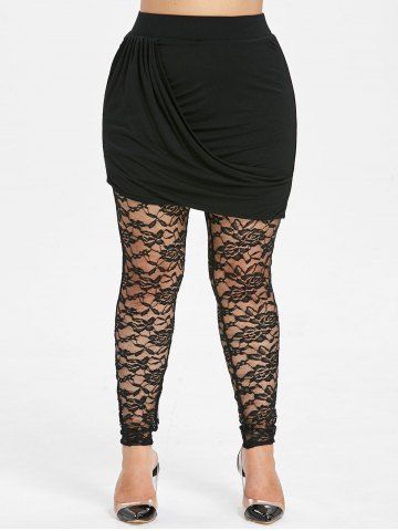

Plus Size Lace See Thru Skirted Pants, Black